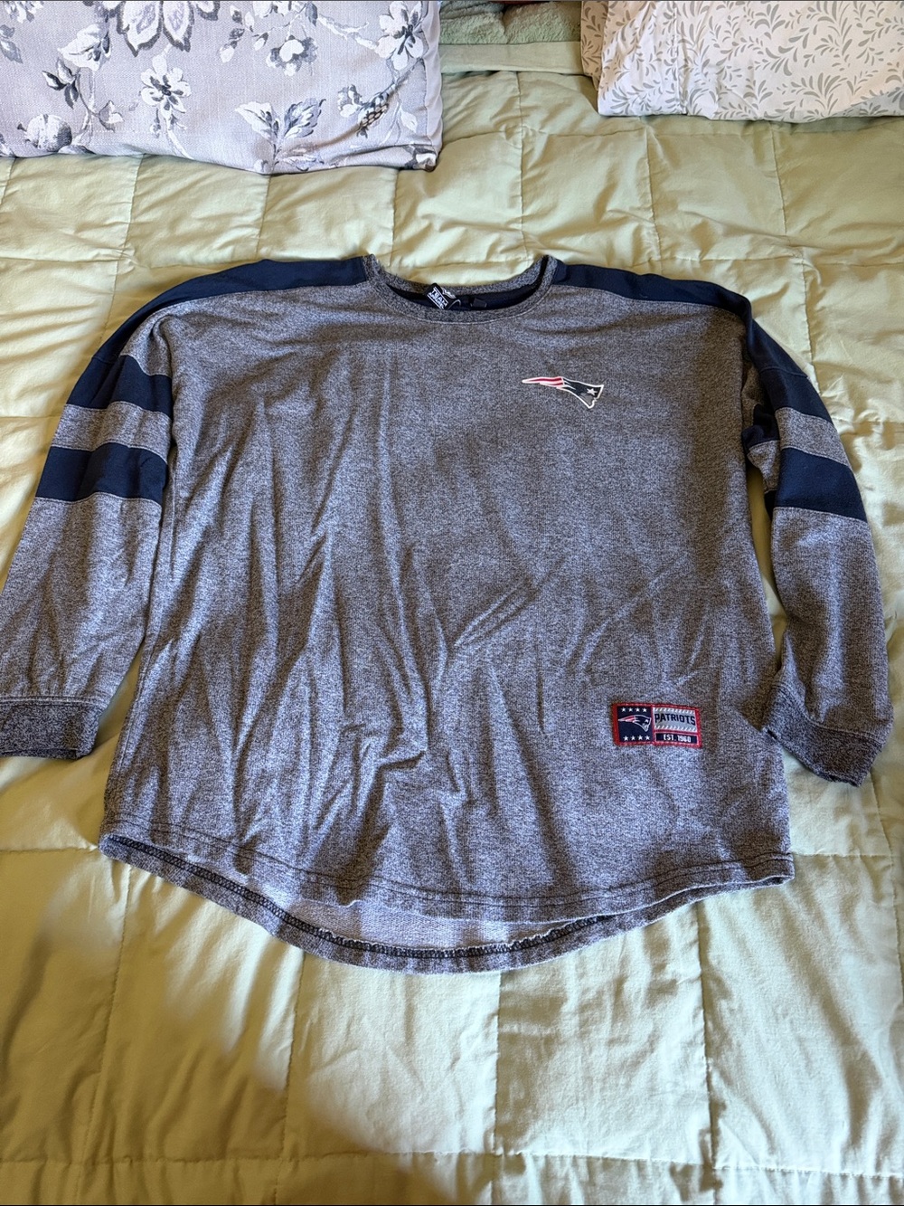 NFL Gray Long Sleeve Tee with Navy Shoulder and Sleeve Stripes